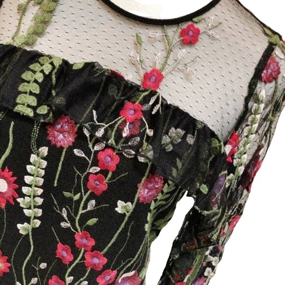 Red Carter Brianne Floral Embroidered Blouse Ruffle Sleeves Black Red  NWT S - Picture 5 of 11